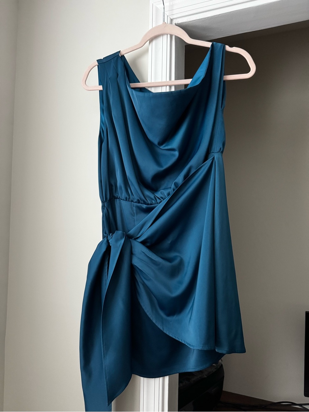 Lulu’s Asymmetrical Teal Satin Draped Tie-Detail Women's Dress